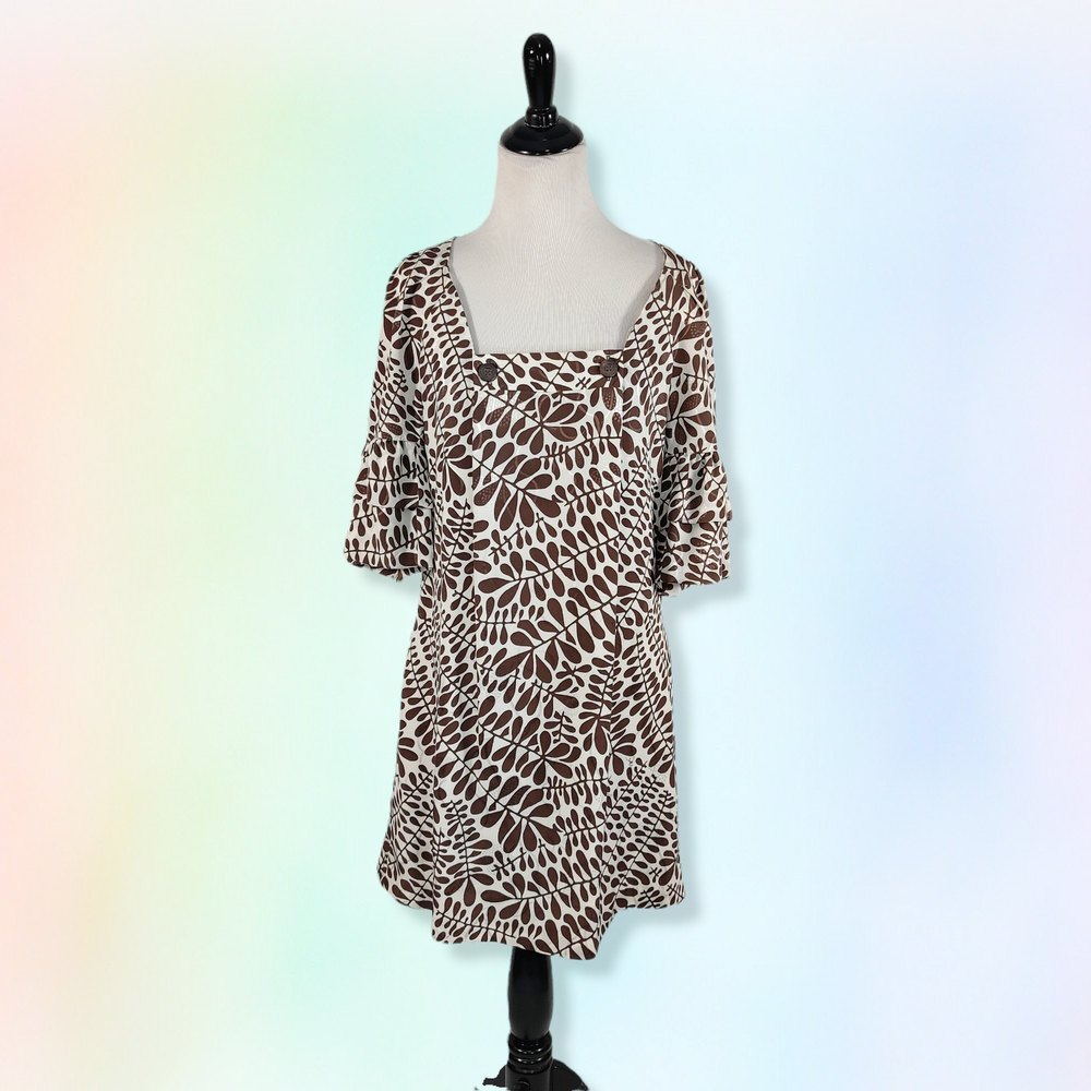 Trina Turk  Womens‎ Leaf Print Square Neck Shift Dress White Brown Size 4